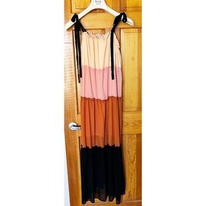 Color Block Maxi Dress Sz M Peach Black Brown Beach Boho Festival Hippie Ruffle